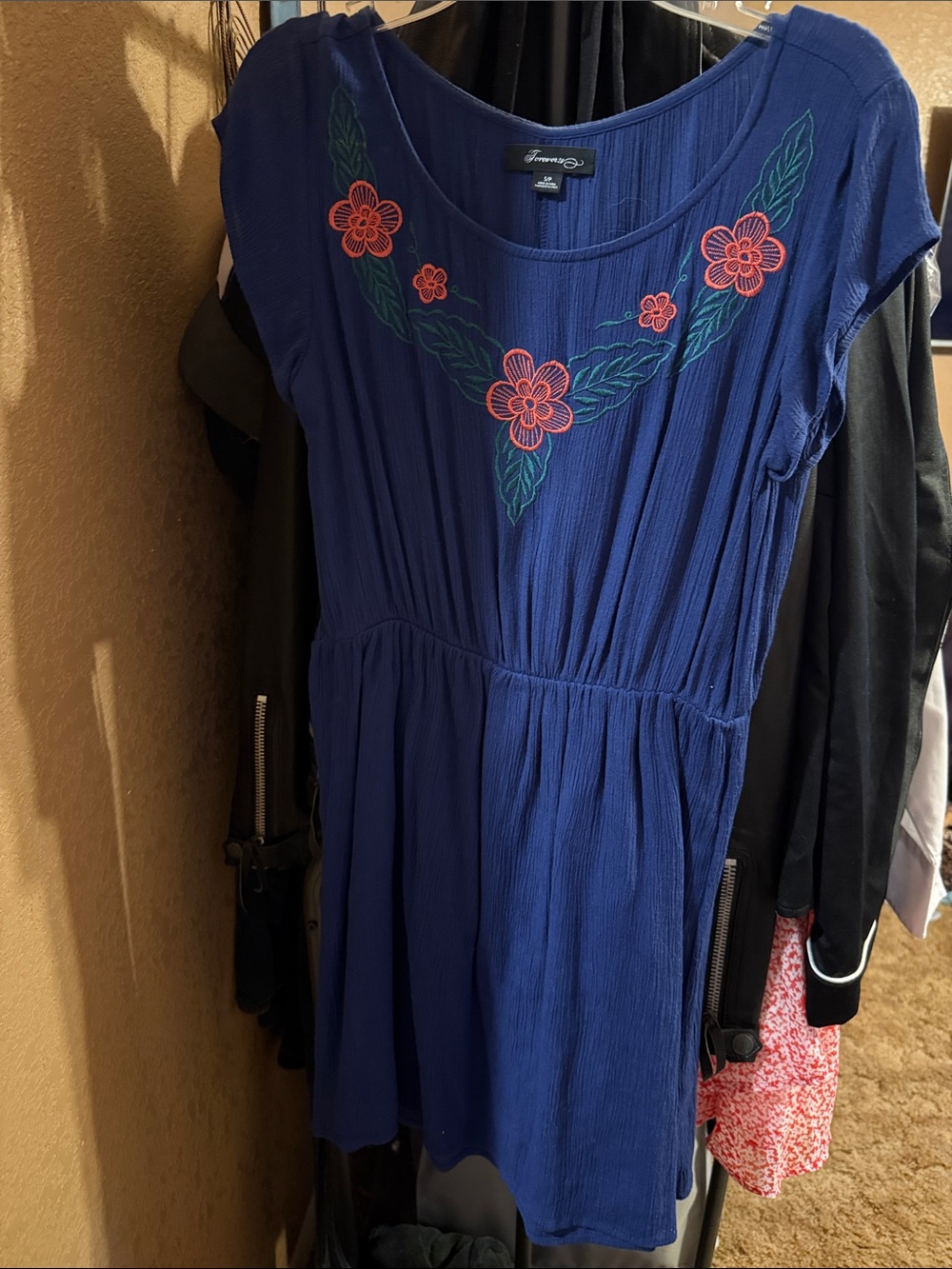 Forever 21 Navy Dress with Pink Floral Embroidery